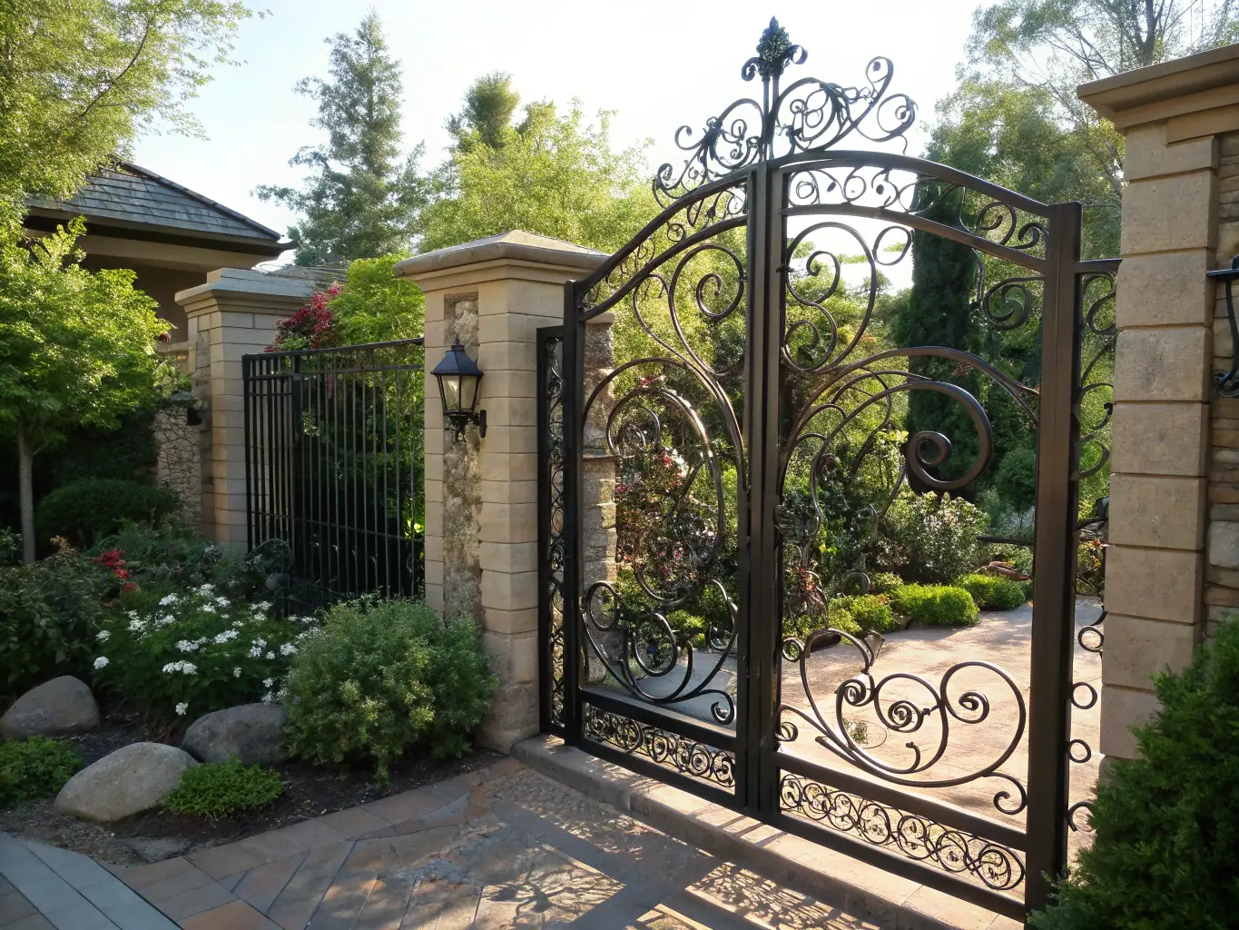 A beautifully designed metal gate installed at the entrance of a residential property, adding both security and curb appeal. The gate features intricate scrollwork and a secure locking mechanism.