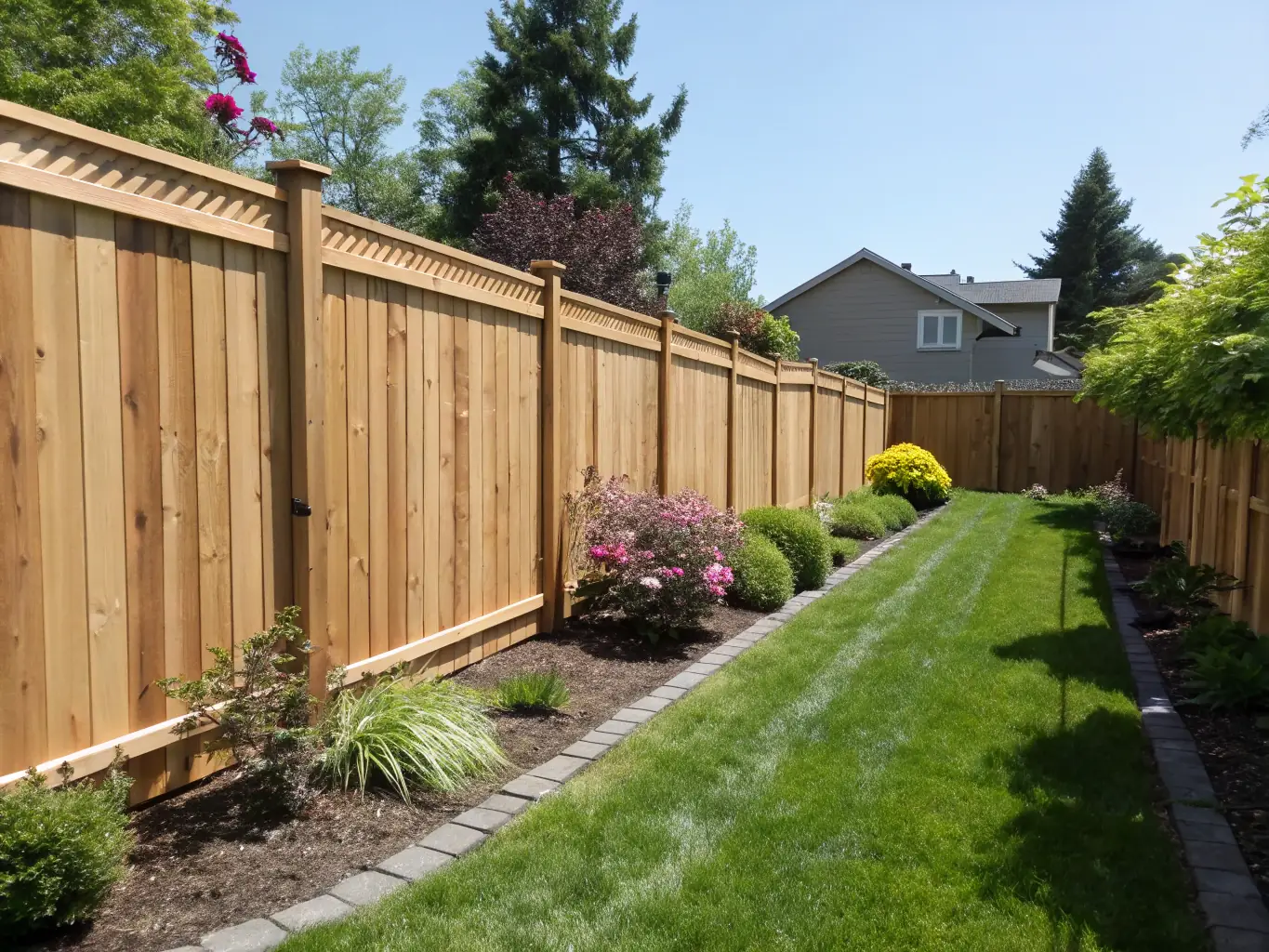 A professionally installed wooden privacy fence surrounding a residential backyard, providing both security and an enhanced aesthetic appeal. The fence is stained a natural color, blending seamlessly with the landscape.